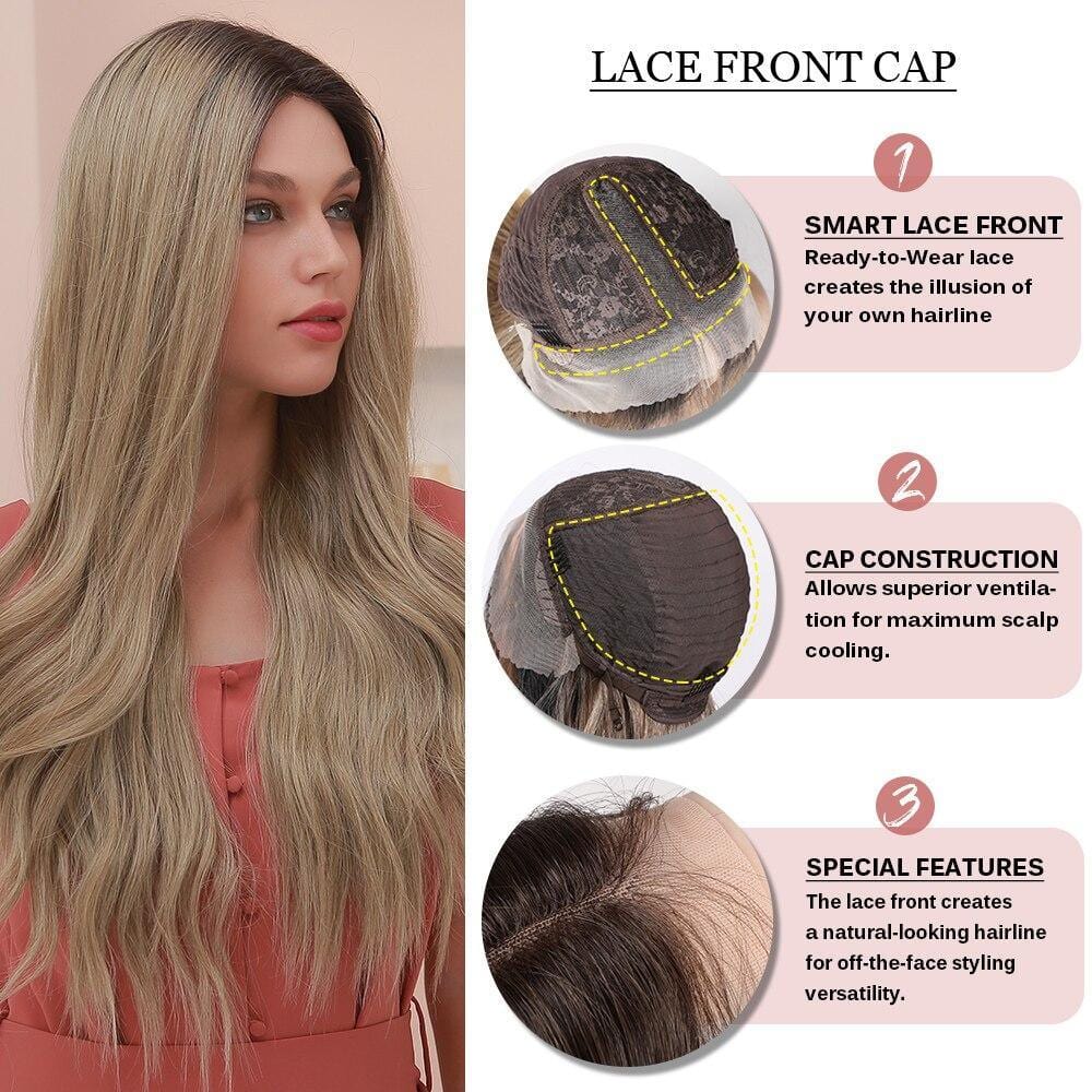 HAIRCUBE 22 inch synthetic lace front wig showing long wavy blonde hair with detailed lace front cap features