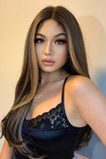 HAIRCUBE 22 inch synthetic lace front wig styled with long straight brown hair and blonde highlights