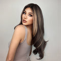 HAIRCUBE 22 inch synthetic lace front wig styled with long dark brown hair and blonde highlights