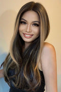 HAIRCUBE 22 inch synthetic lace front wig worn by woman with long, layered, highlighted hair