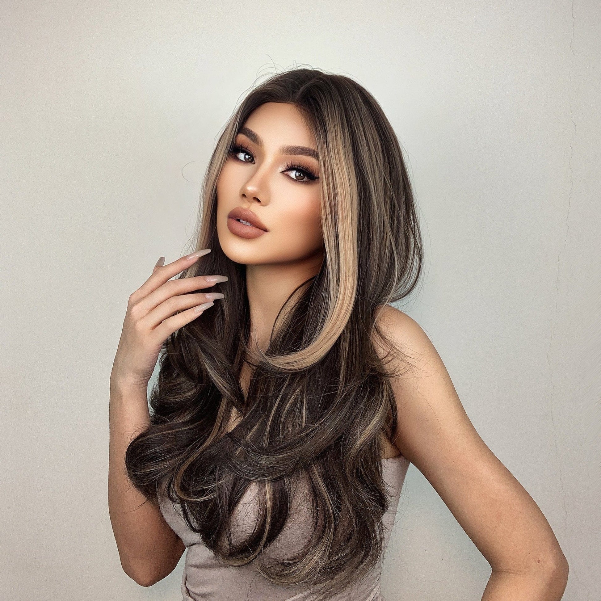 HAIRCUBE 22 inch synthetic lace front wig long layered brown hair with blonde highlights