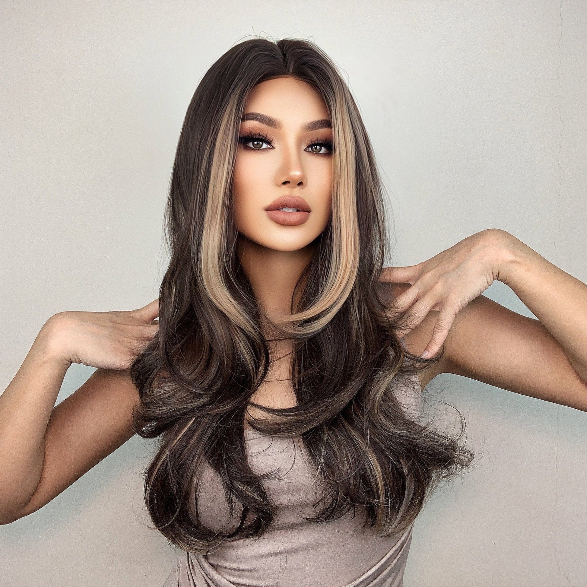 HAIRCUBE 22 inch synthetic lace front wig with long wavy dark brown hair and blonde highlights