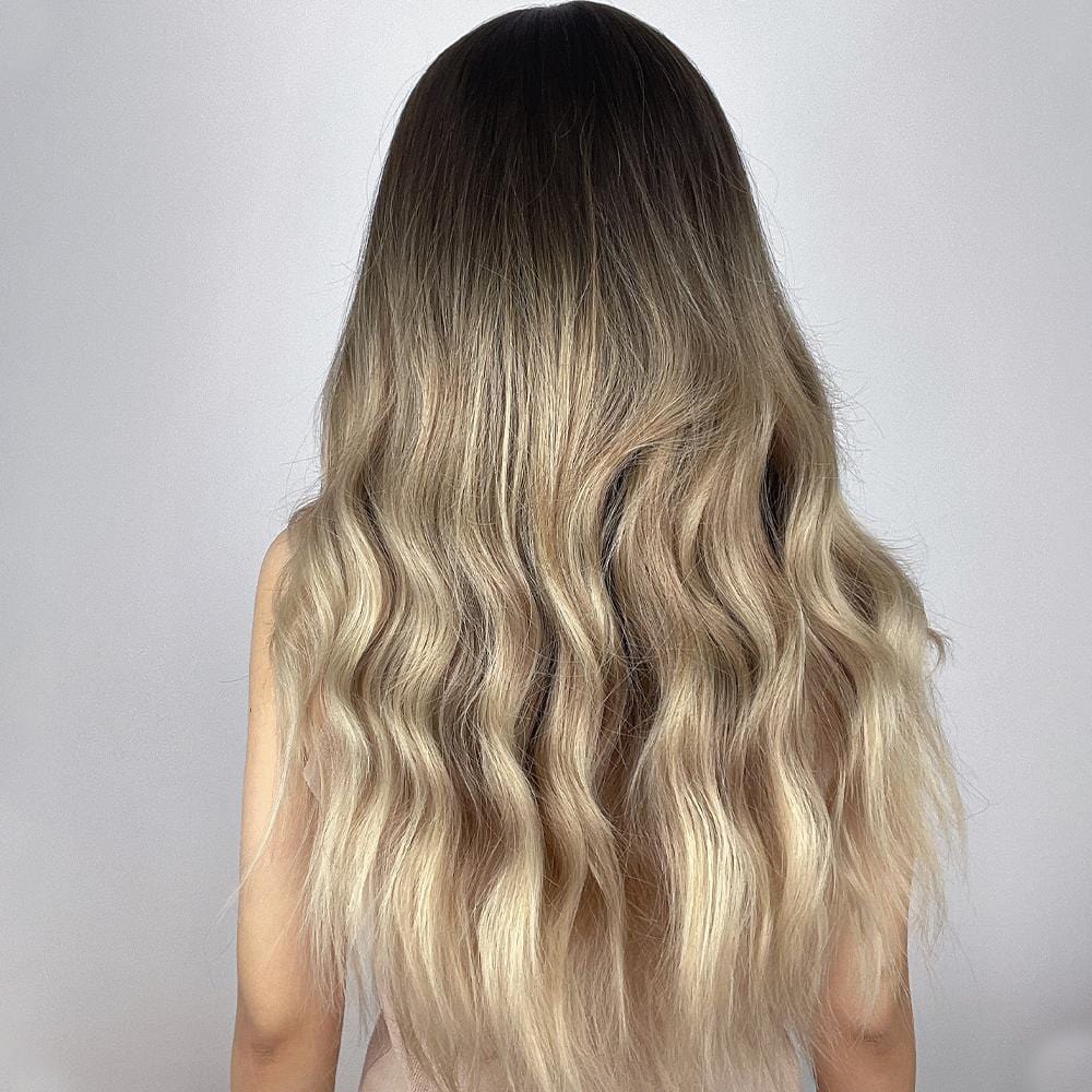 HAIRCUBE 23 inch ombre ash blonde wig with long wavy hair and dark roots fading to light ash blonde