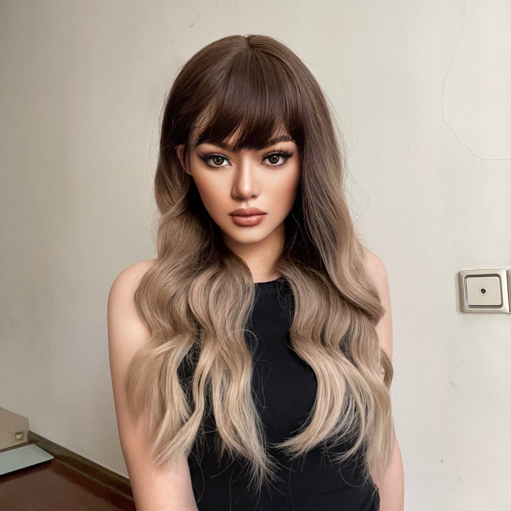 HAIRCUBE 23 inch ombre ash blonde wig with long wavy hair and bangs on mannequin