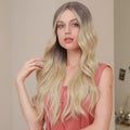 HAIRCUBE 23 inch synthetic lace front wig in long wavy blonde style worn by model