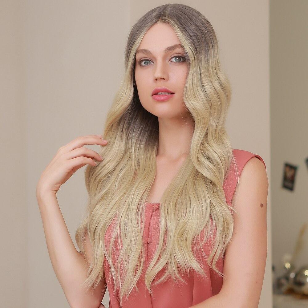 HAIRCUBE 23 inch synthetic lace front wig in long wavy blonde style worn by model