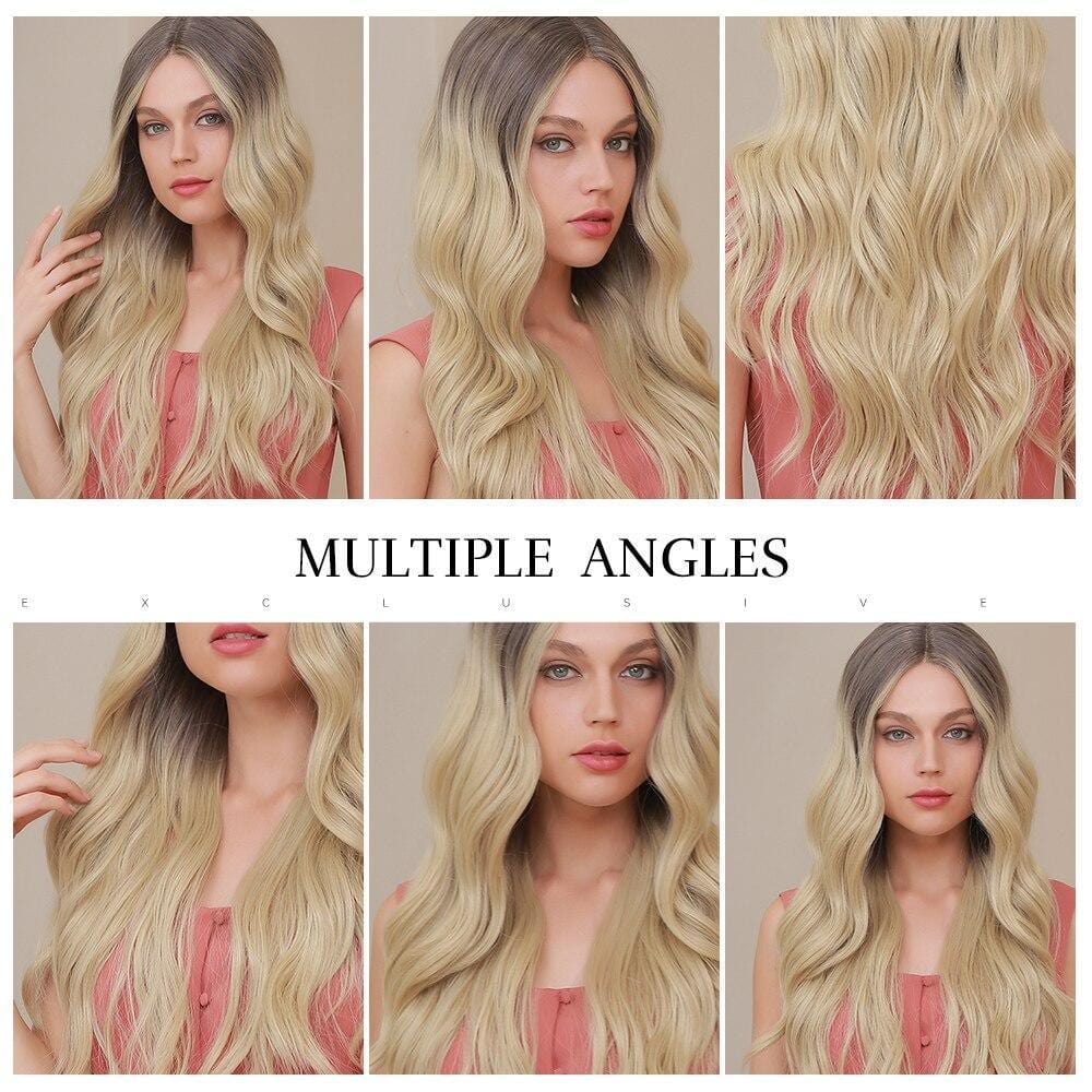 HAIRCUBE 23 inch synthetic lace front wig shown from multiple angles with long wavy blonde hair