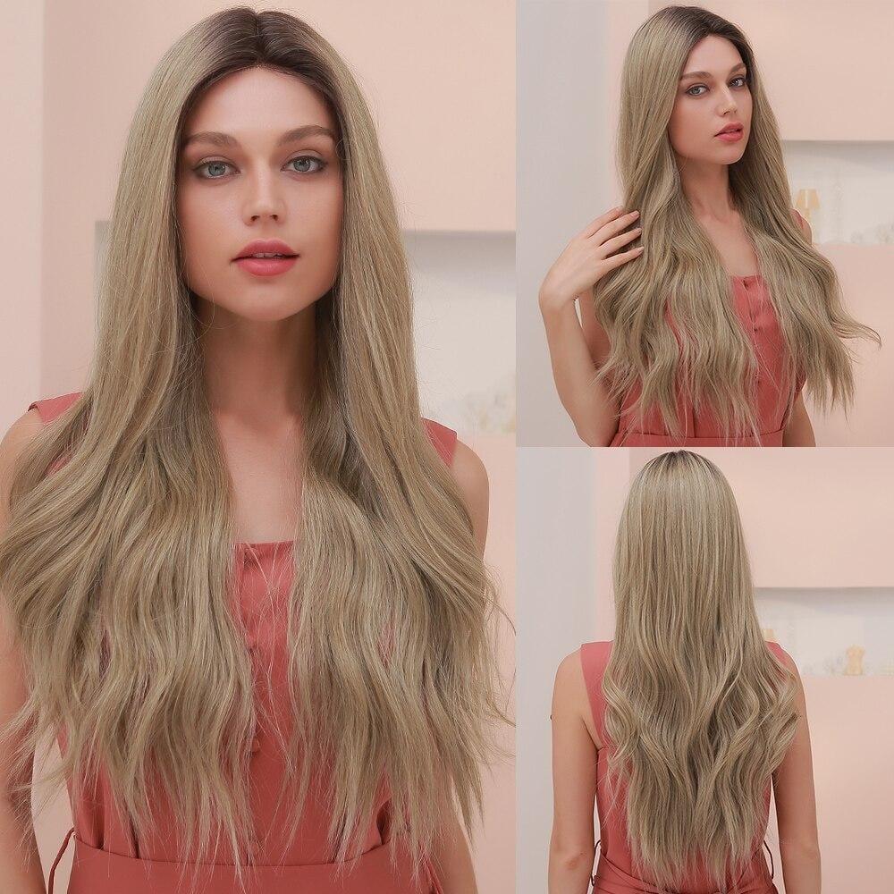 HAIRCUBE 23 inch synthetic lace front wig with long wavy blonde hair shown from front side and back