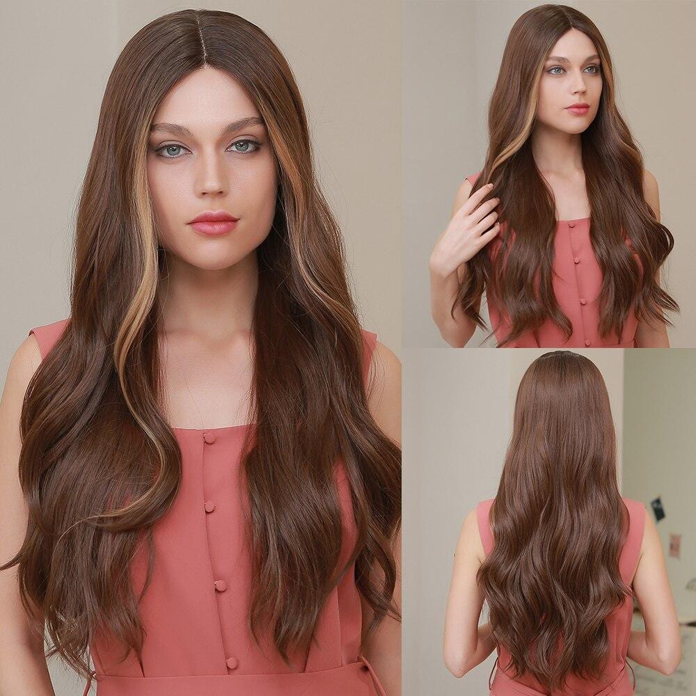 HAIRCUBE 23 inch synthetic lace front wig long wavy brown hair with subtle highlights