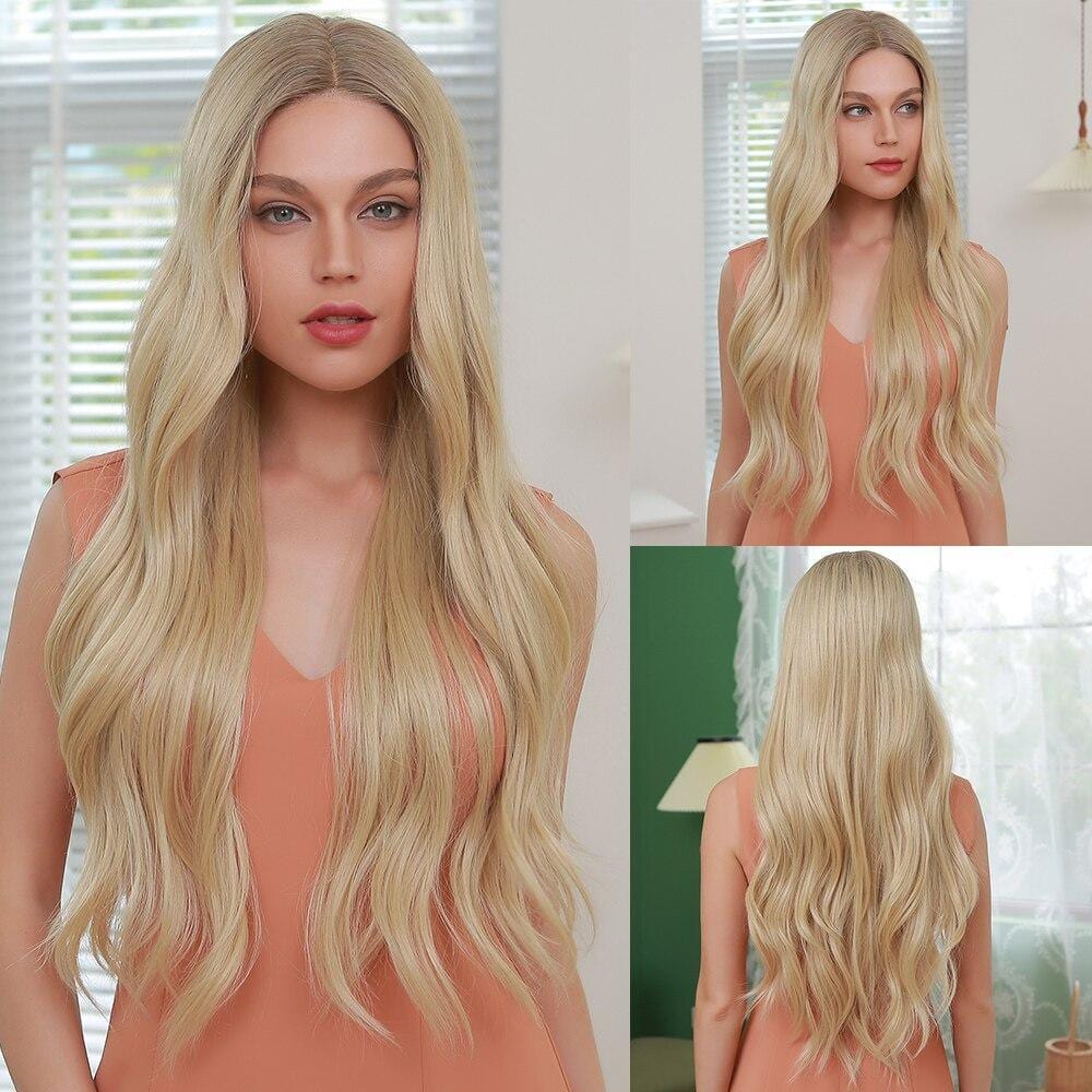 HAIRCUBE 23 inch synthetic lace front wig long wavy blonde hair styled on female model