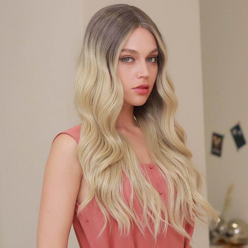 HAIRCUBE 23 inch synthetic lace front wig with long wavy blonde hair on model