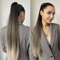Alan 24 inch synthetic ponytail extension with ombre dark to light tones styled on model