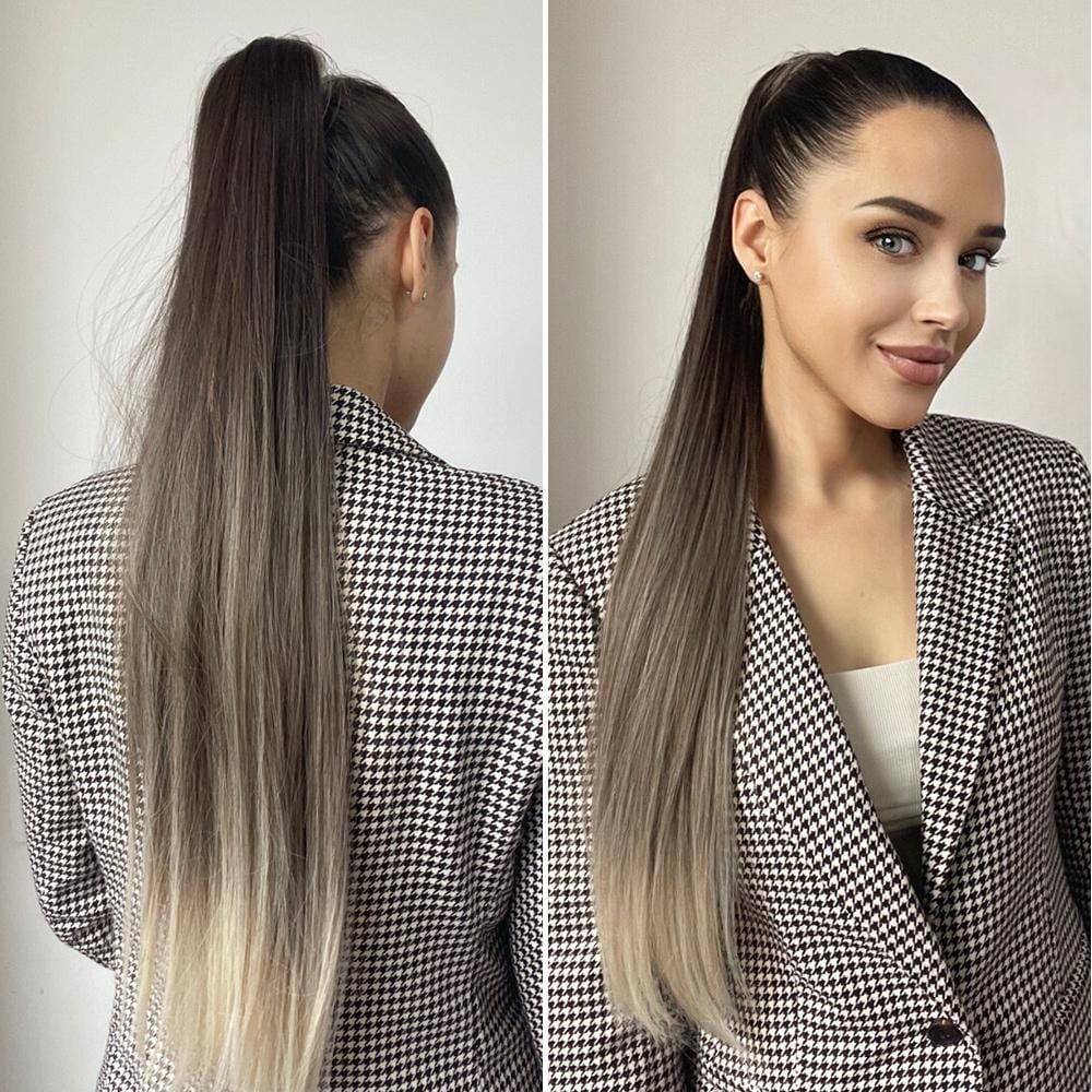 Alan 24 inch synthetic ponytail extension with ombre dark to light tones styled on model
