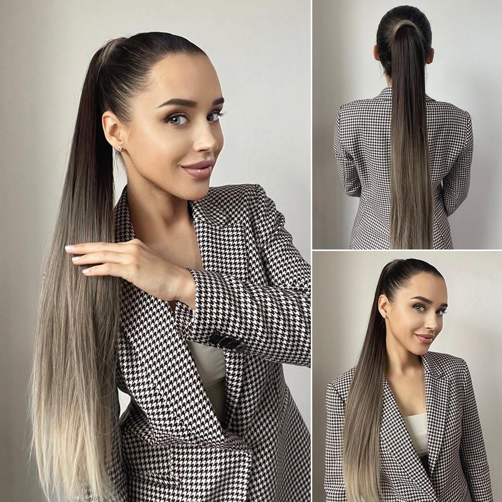 Woman wearing 24 inch synthetic ponytail extension in ombre shades with sleek high ponytail style
