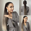 24 inch synthetic ponytail extension worn by woman with long straight ombre hair in checkered blazer