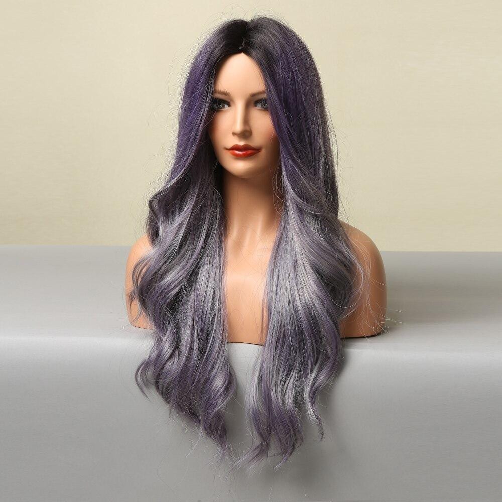 HAIRCUBE 26 inch grey purple wig with long wavy hair on mannequin head