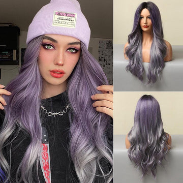 HAIRCUBE 26 inch grey purple wig shown on a model and mannequin with long wavy hair style