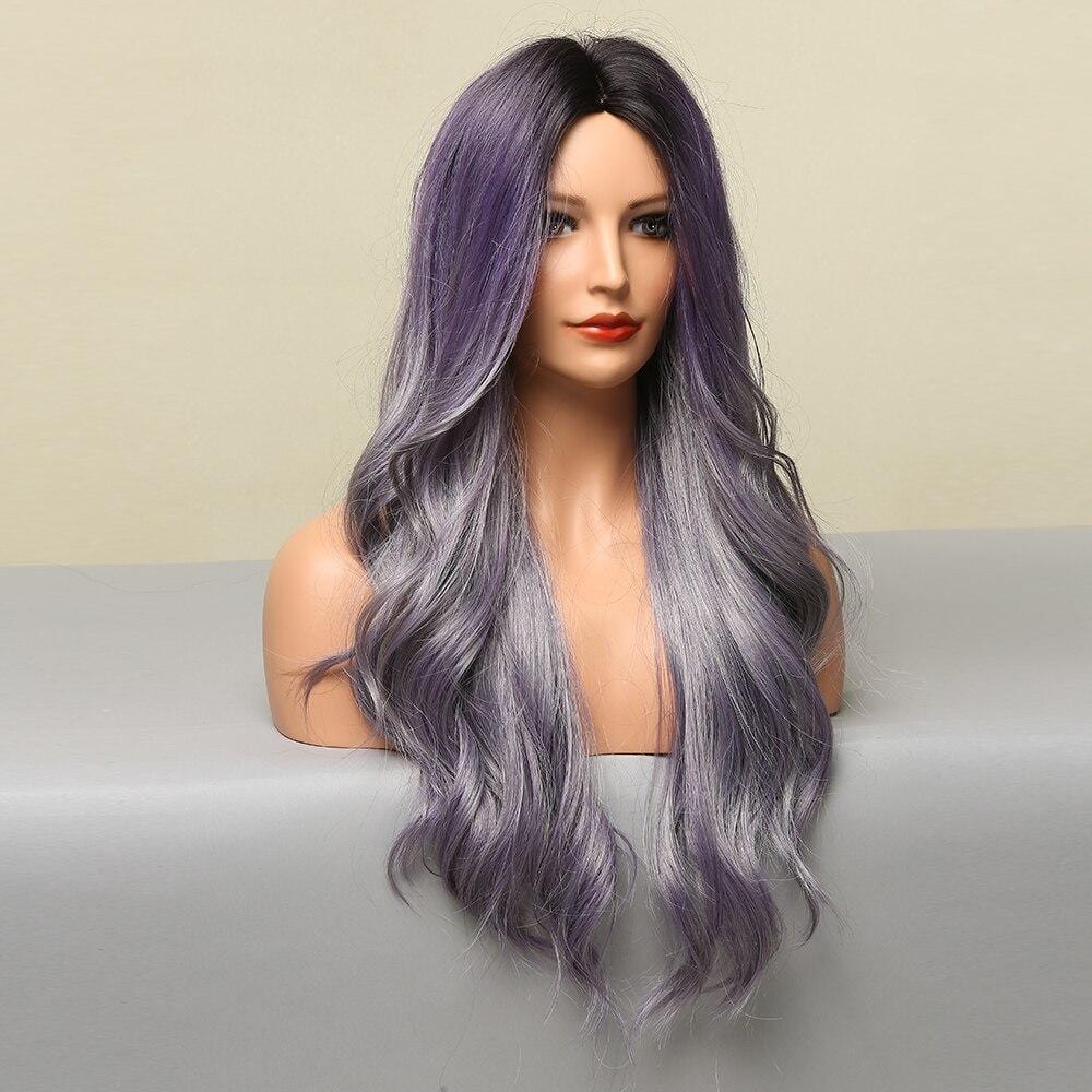 HAIRCUBE 26 inch grey purple wig long wavy synthetic hair on mannequin head