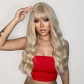 26 inch synthetic wig with bangs in blonde wavy style worn by woman in red top