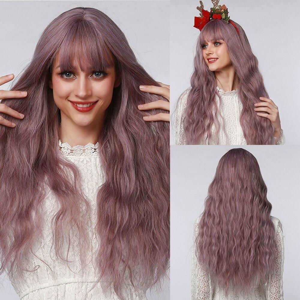 26 inch synthetic wig with bangs by oneNonly in wavy lavender style shown from front, side, and back