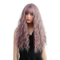 26 inch synthetic wig with bangs in wavy lavender style by oneNonly on female model