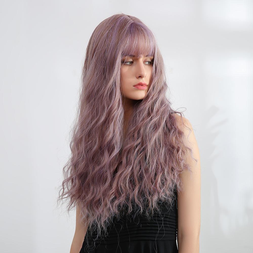 OneNonly 26 inch synthetic wig with bangs in wavy lavender style on woman