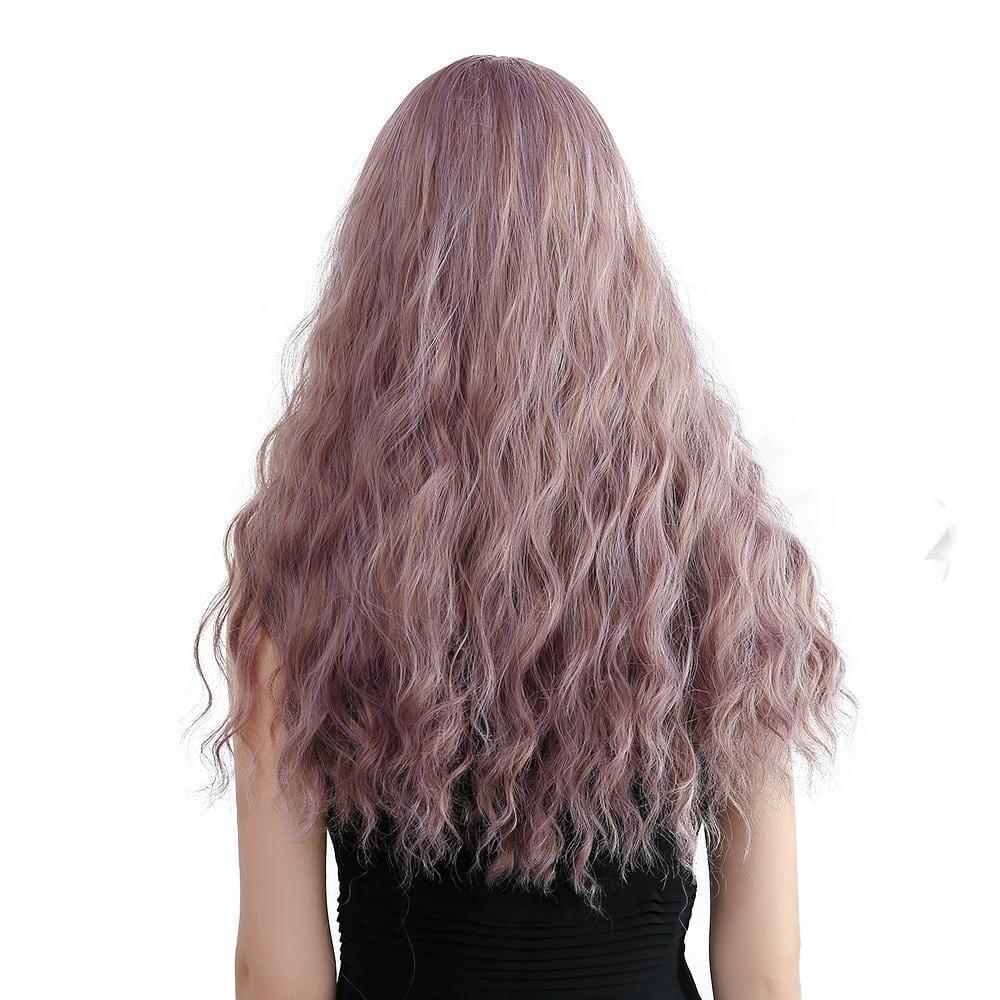 oneNonly 26 inch synthetic wig with bangs in long wavy lavender hair style shown from back