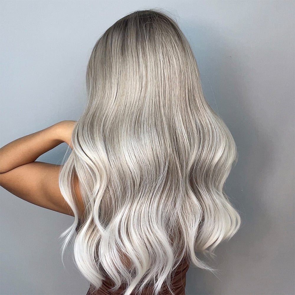Long Wavy Grey Wig with Bangs for Women