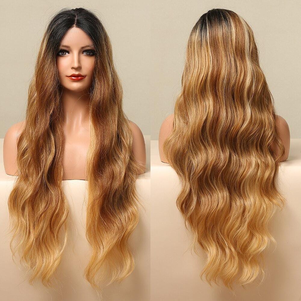 HAIRCUBE long brown to blonde ombre beach waves lace front wig shown from front and back