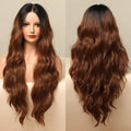 HAIRCUBE brown long beach waves lace front wig with black roots shown from front and back
