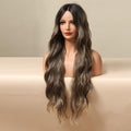 HAIRCUBE long brown beach waves lace front wig styled on mannequin with dark roots and blonde highlights