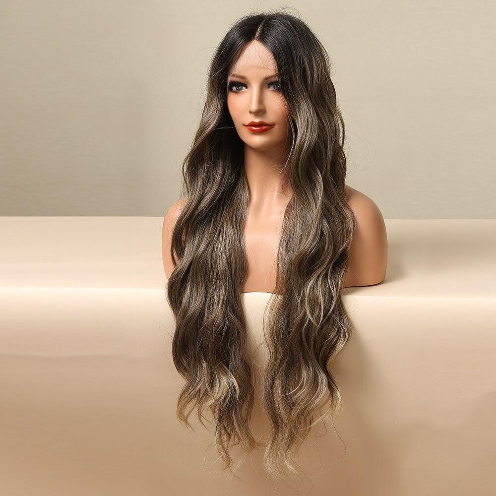 HAIRCUBE long brown beach waves lace front wig styled on mannequin with dark roots and blonde highlights