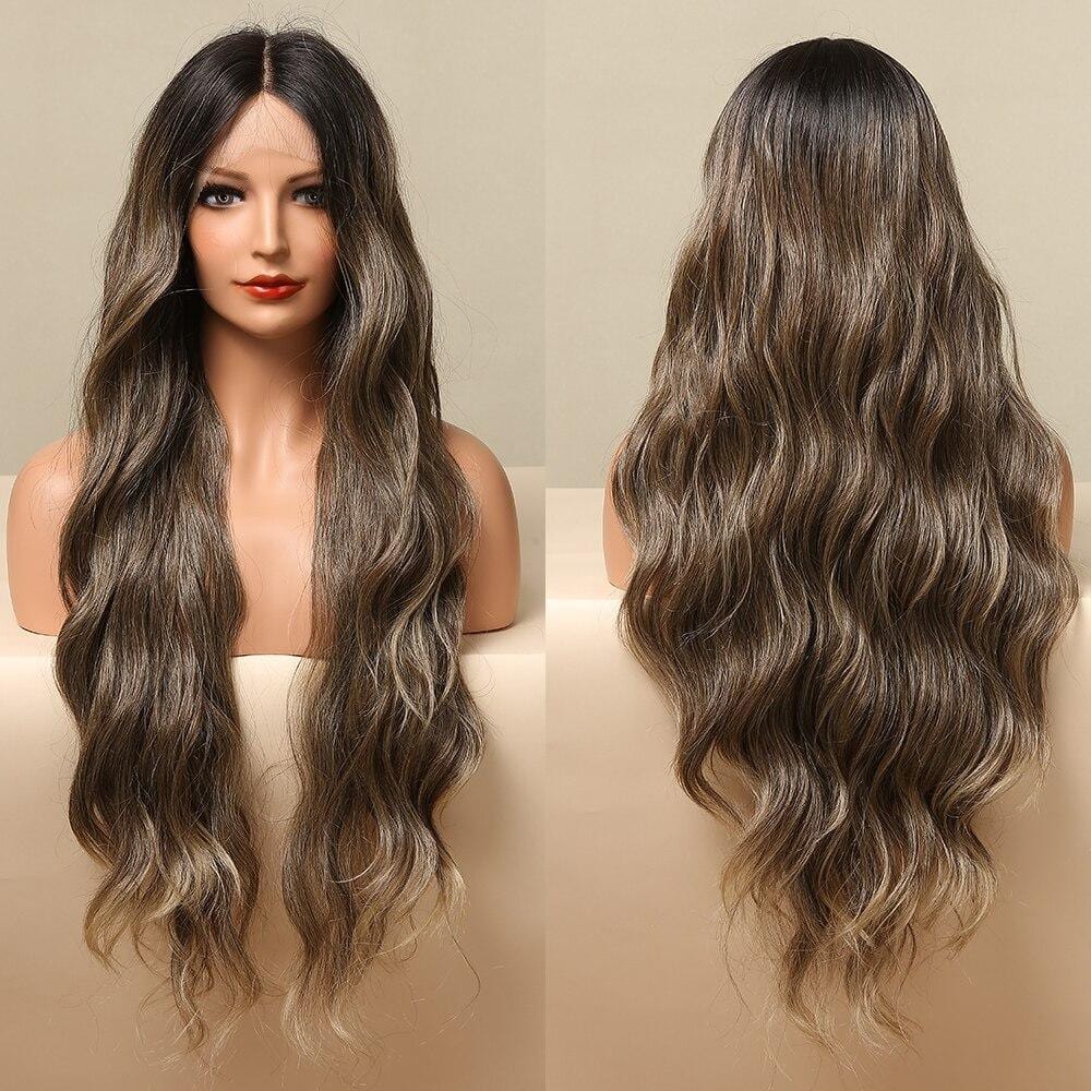 HAIRCUBE beach waves lace front wig with long brown wavy hair and subtle highlights