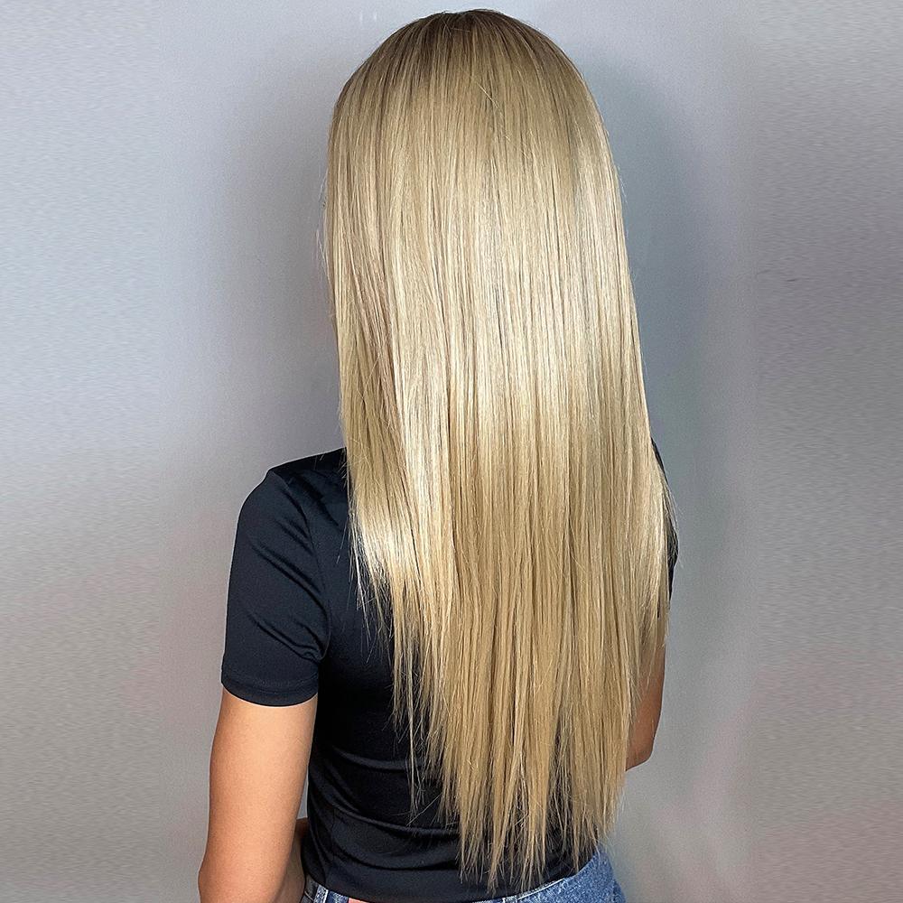 HAIRCUBE blonde human hair lace front wig straight long hairstyle shown from the back