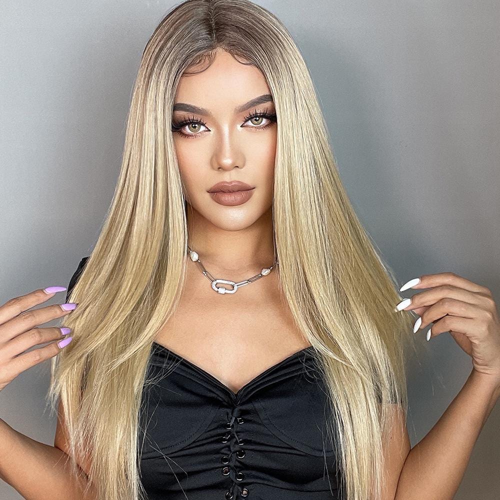 HAIRCUBE blonde human hair lace front wig worn by woman with long straight hair and middle part