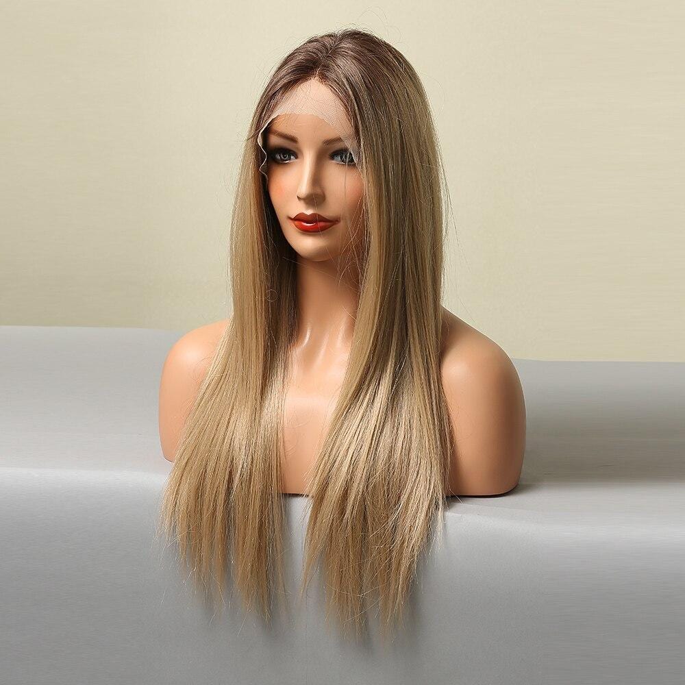 HAIRCUBE blonde human hair lace front wig displayed on mannequin with long straight hair