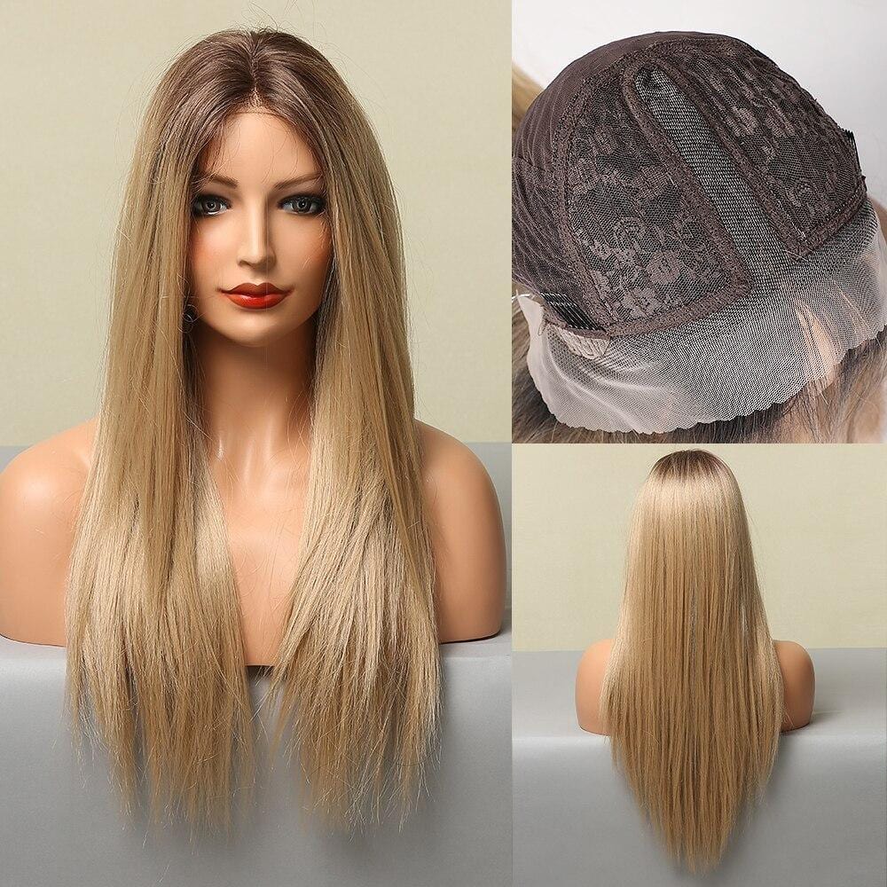 HAIRCUBE blonde human hair lace front wig with long straight hair and natural brown roots