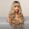 HAIRCUBE blonde synthetic wig with bangs featuring long curly locks on mannequin head