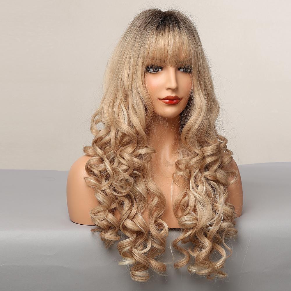 HAIRCUBE blonde synthetic wig with bangs featuring long curly locks on mannequin head