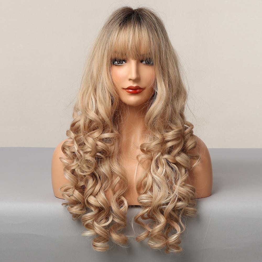HAIRCUBE blonde synthetic wig with bangs featuring long curly hair and natural-looking texture