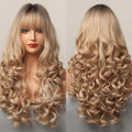 HAIRCUBE blonde synthetic wig with bangs featuring long, voluminous curls and natural shading