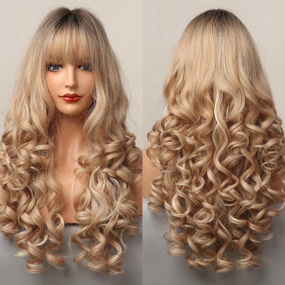 HAIRCUBE blonde synthetic wig with bangs featuring long, voluminous curls and natural shading