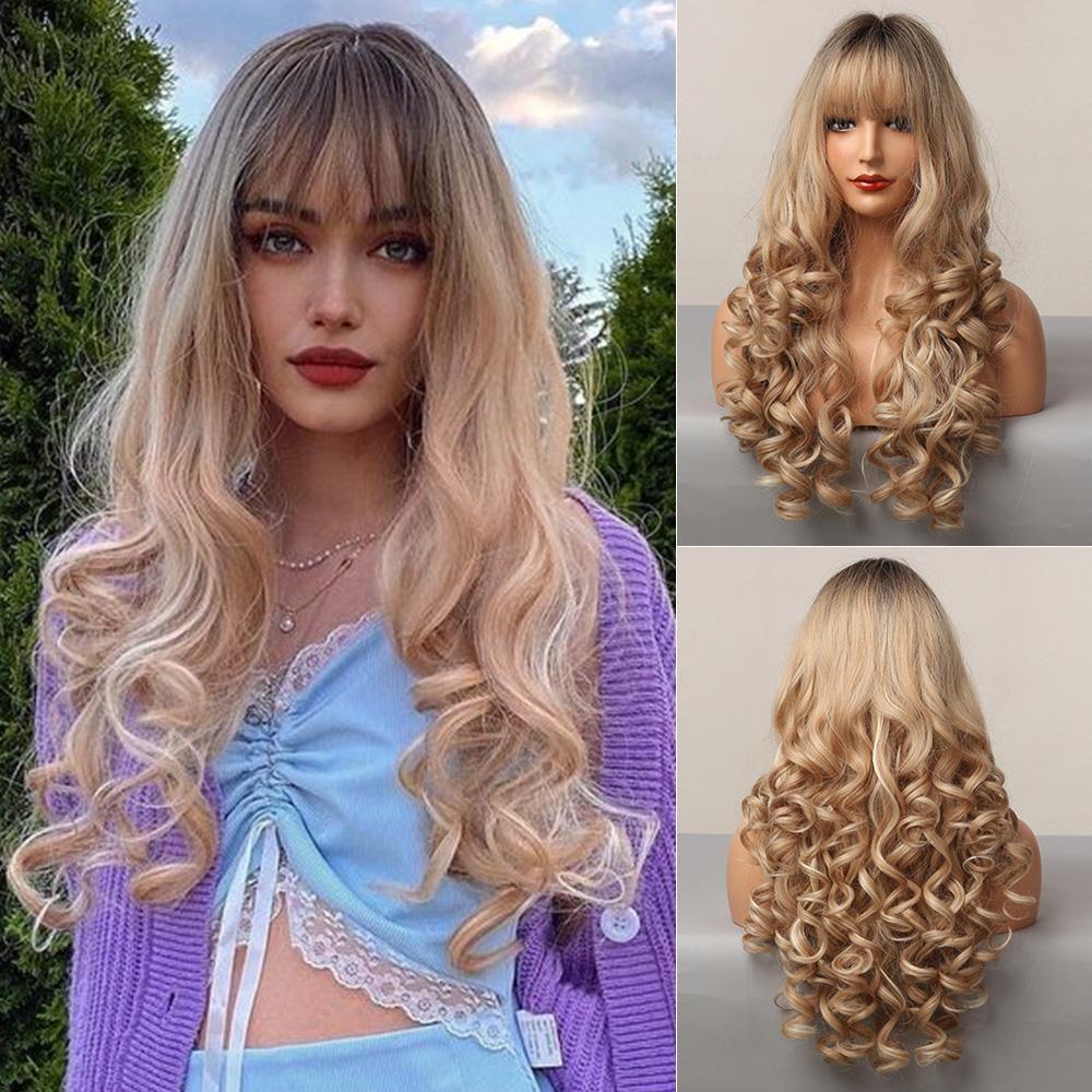 Blonde synthetic wig with bangs by HAIRCUBE featuring long, curly hair styled with soft waves