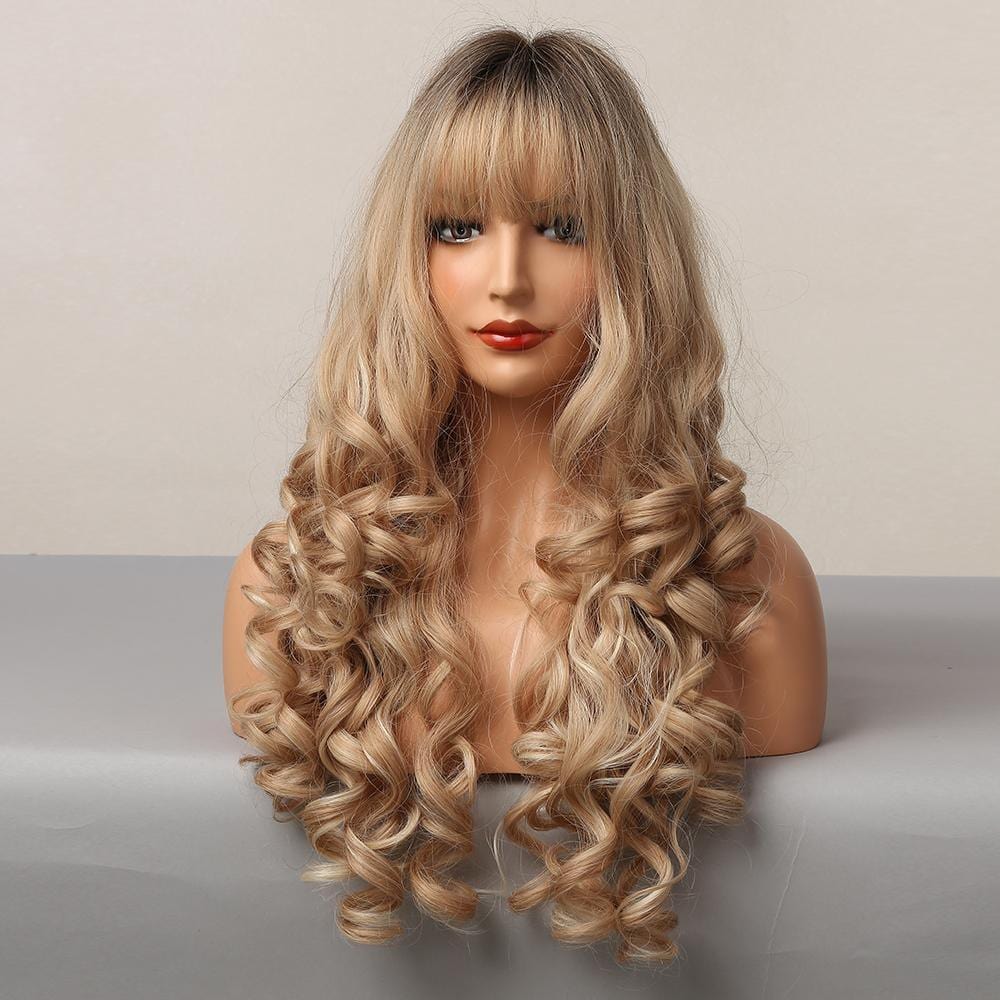 HAIRCUBE blonde synthetic wig with bangs featuring long curly hair and natural hairstyle