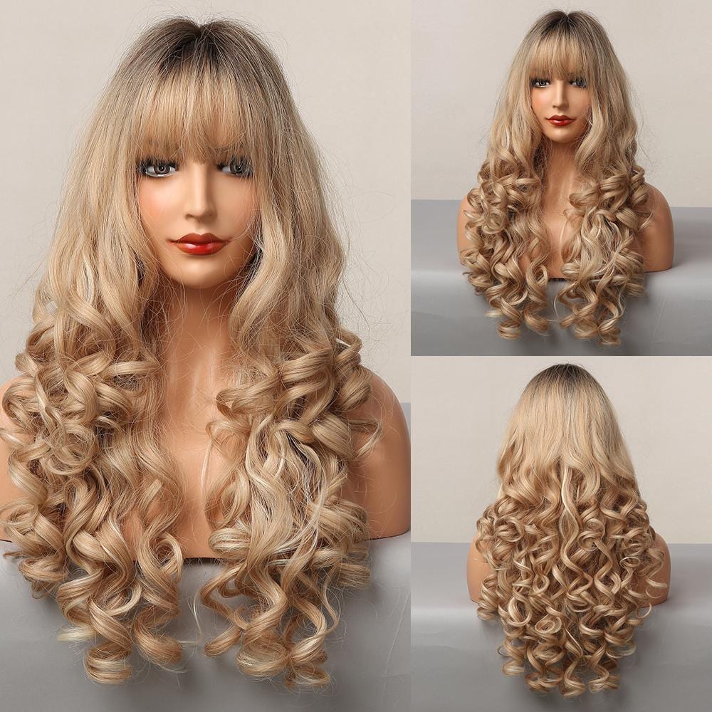 HAIRCUBE blonde synthetic wig with bangs featuring long curly hair and dark roots