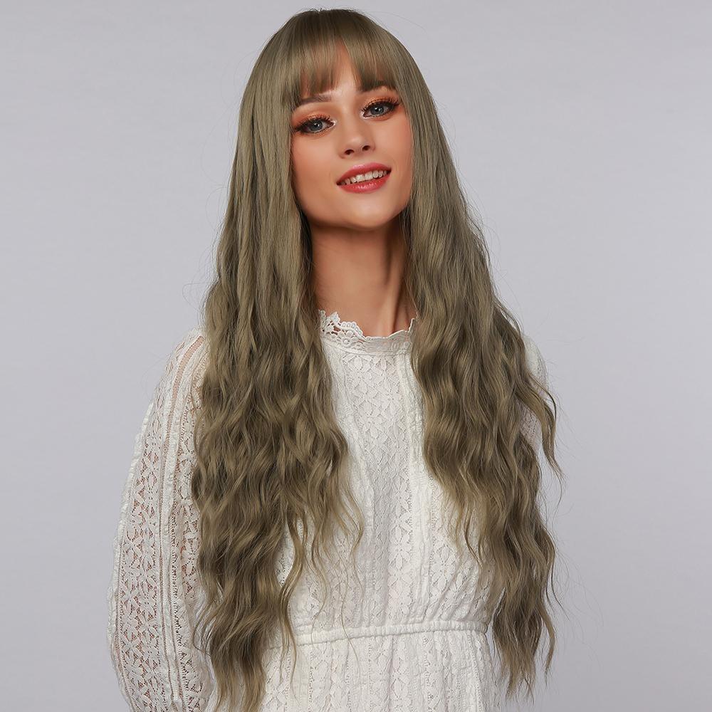 La Sylphide 24 inch cosplay wig with long wavy ash brown hair and full bangs on female model