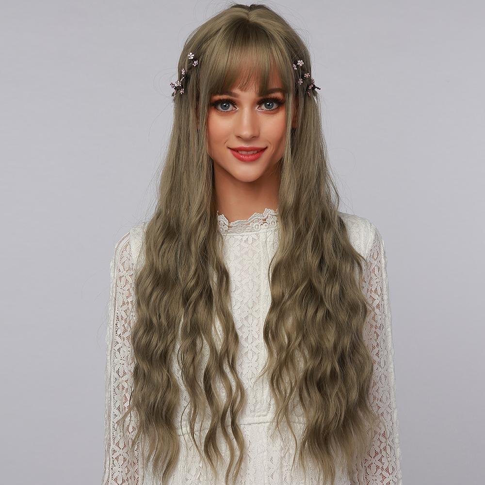 La Sylphide 24 inch cosplay wig long wavy ash brown hair with bangs styled with small flowers
