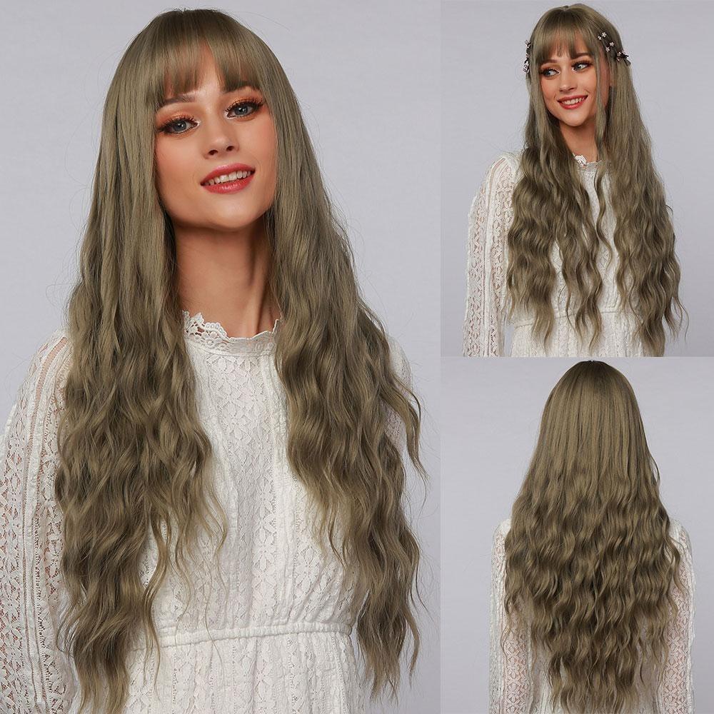 La Sylphide 24 inch cosplay wig long wavy ash brown hair with bangs styled with small flowers