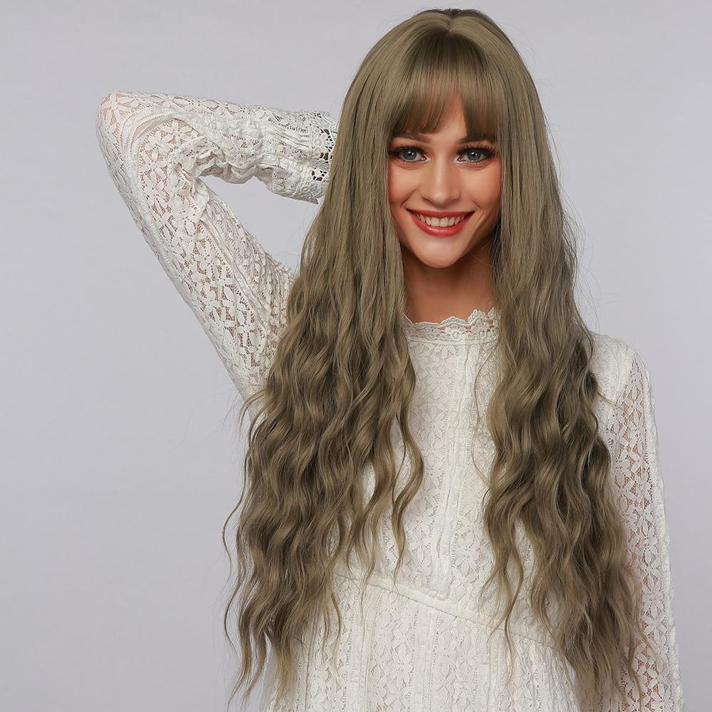 La Sylphide 24 inch cosplay wig with long wavy ash brown hair and bangs on a smiling model