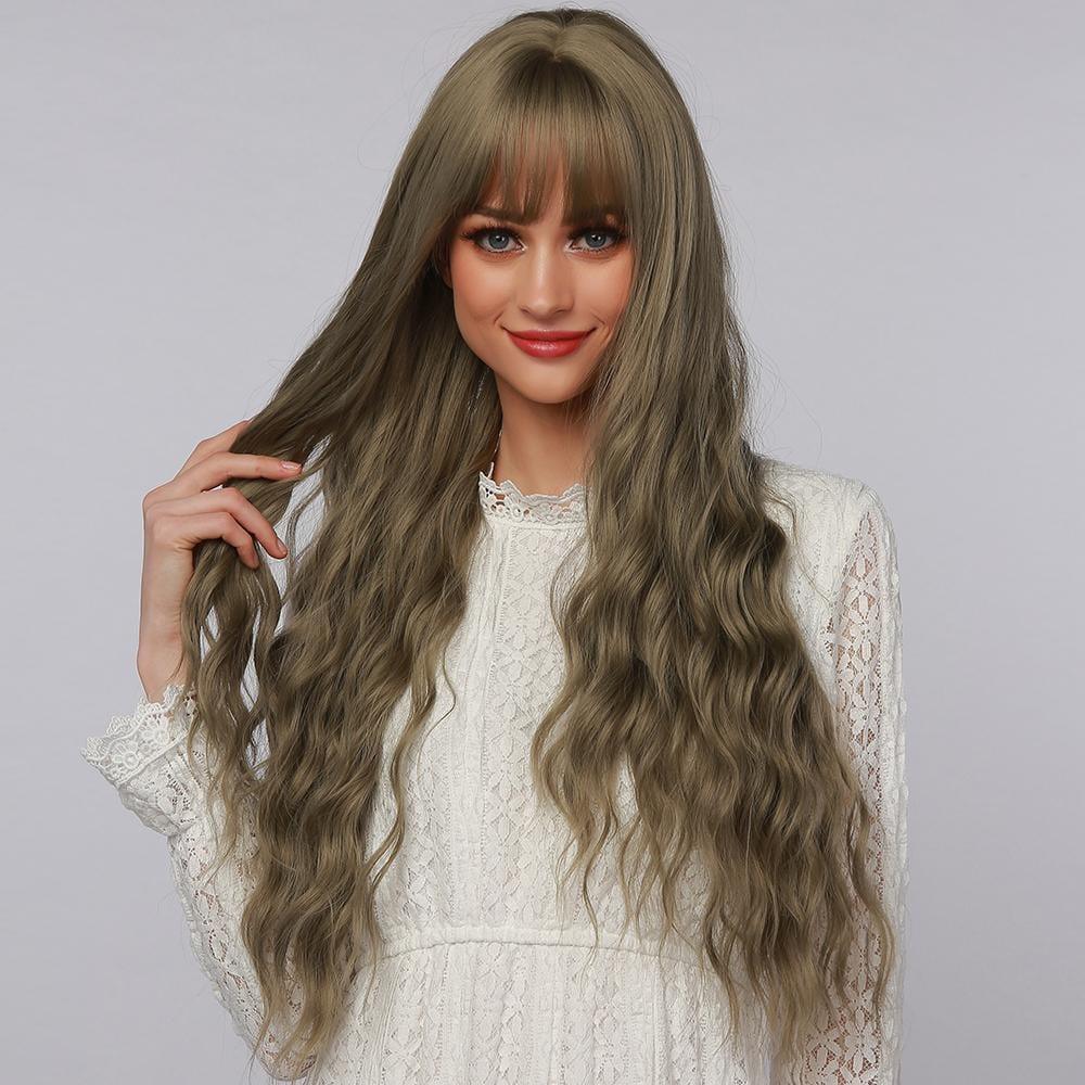 La Sylphide 24 inch cosplay wig with long wavy ash brown hair and bangs on a female model